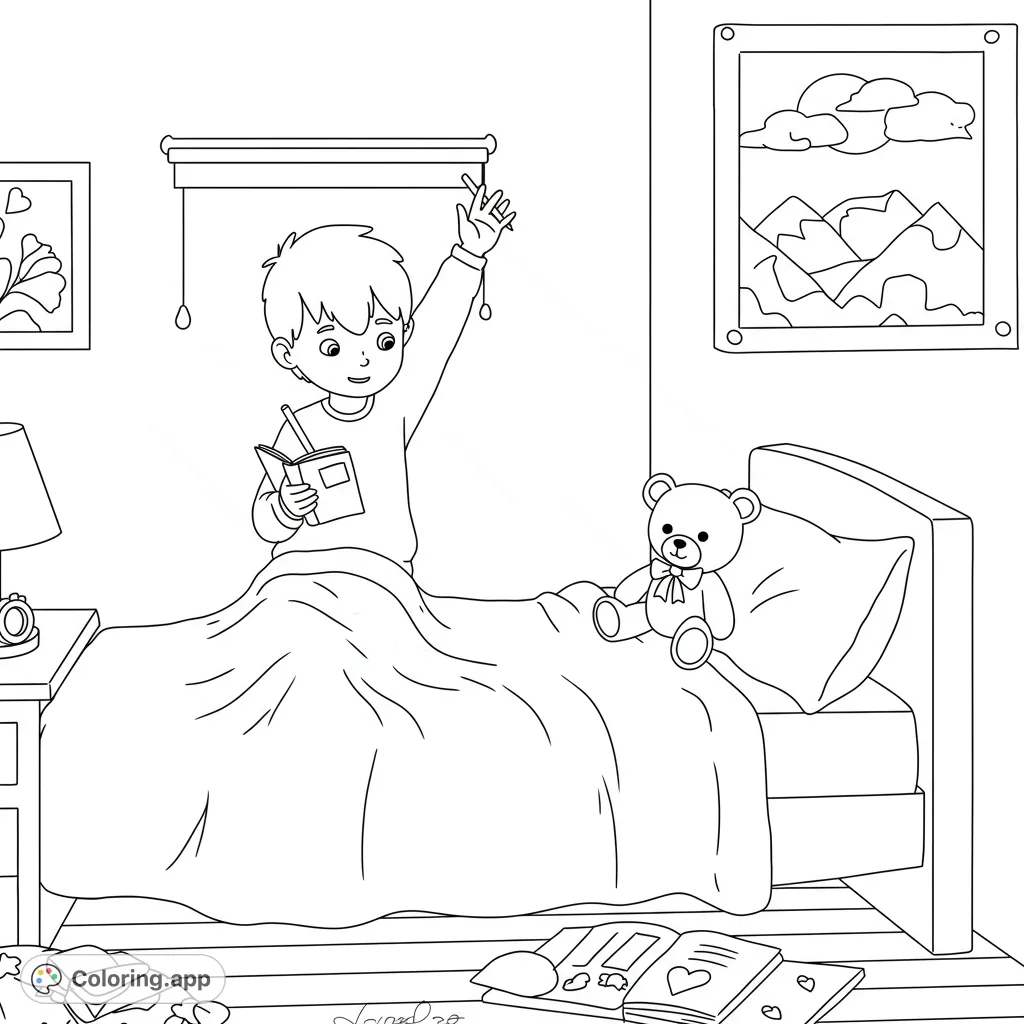 A simple boy's morning routine coloring page featuring a boy stretching in bed, writing in his notebook, with a teddy bear and a poster.