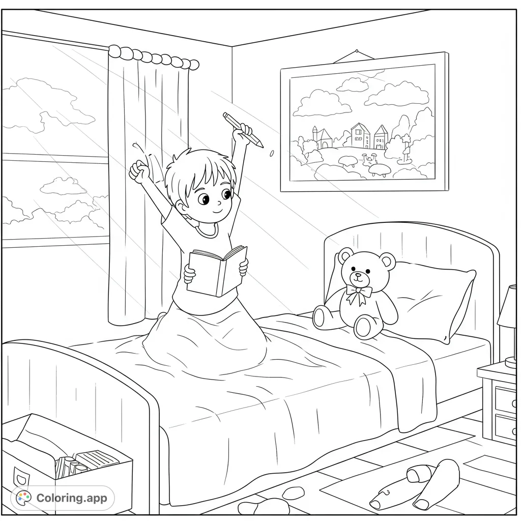 A simple boy's morning routine coloring page featuring a boy stretching in bed, writing in his notebook, with a teddy bear and a poster.