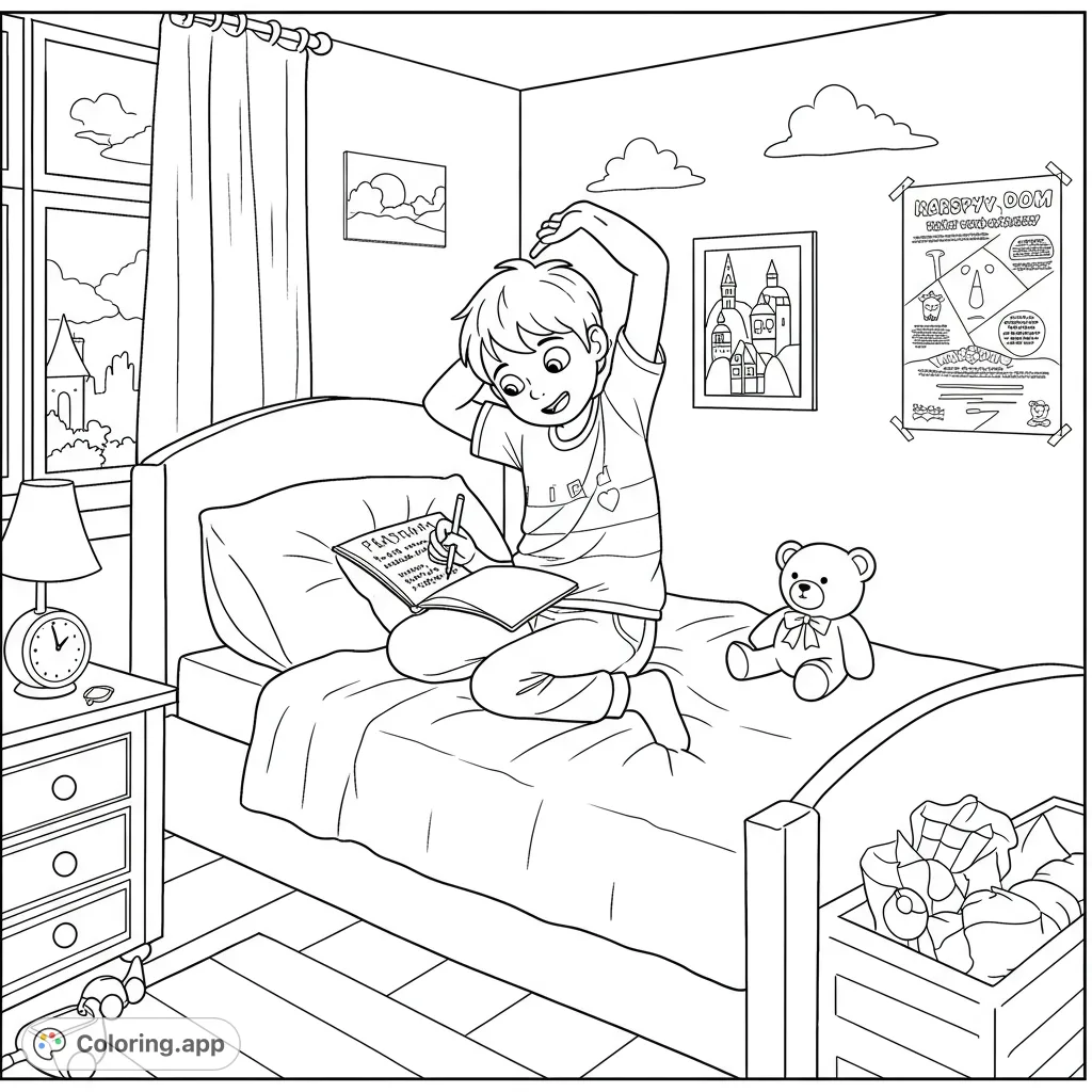A boy wakes with purpose, ready to write in his notebook, accompanied by his teddy bear and an inspiring poster. A simple, motivational scene.