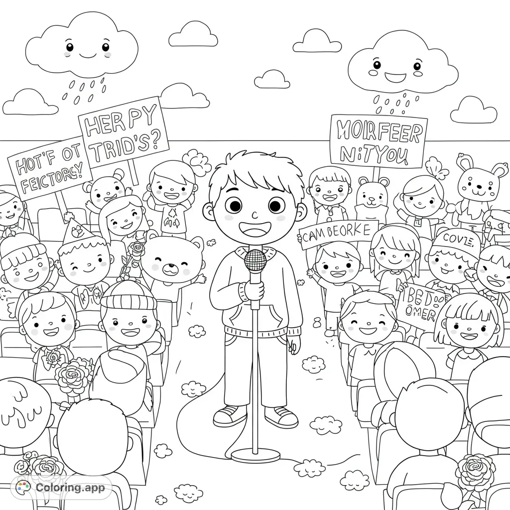 A young poet performs for a whimsical dream audience of cheering kids, animals in hats, and smiling clouds, holding signs of encouragement.