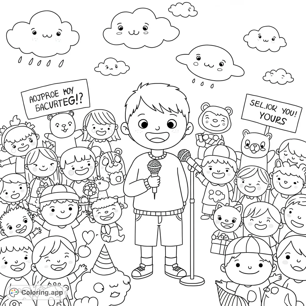 A young poet performs for a whimsical dream audience of cheering kids, animals in hats, and smiling clouds, holding signs of encouragement.