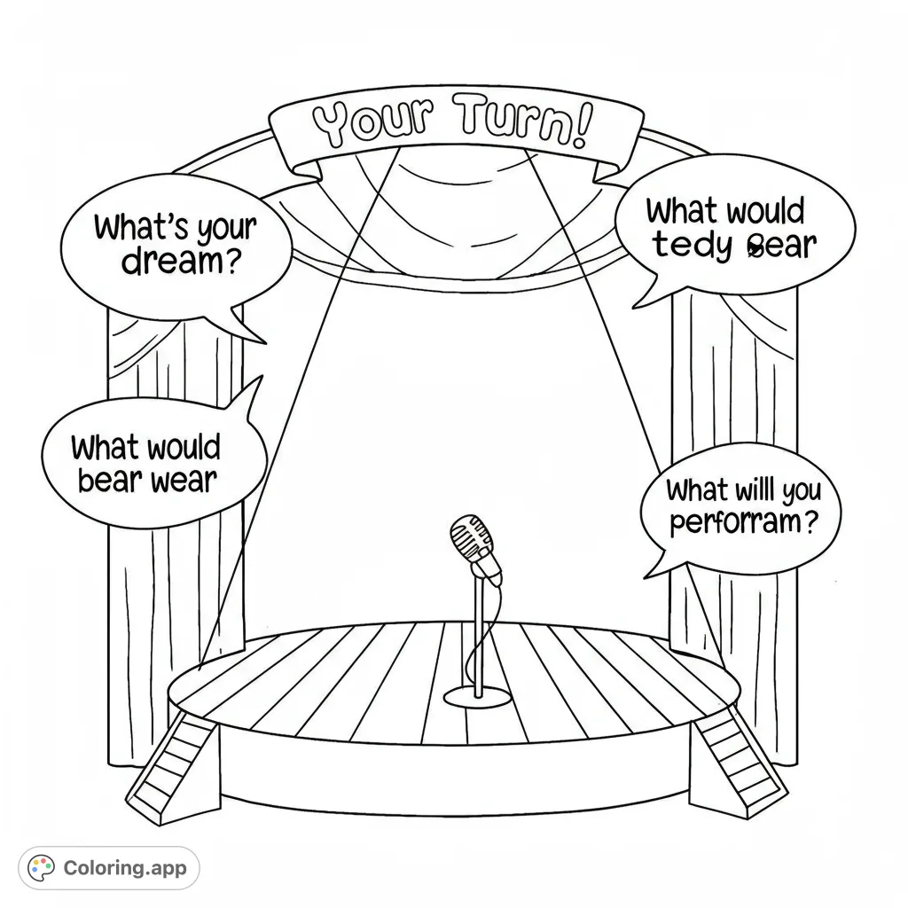 A simple stage with a spotlight and "Your Turn!" sign, inviting kids to draw themselves and their dreams. Perfect for imaginative play and creative expression.