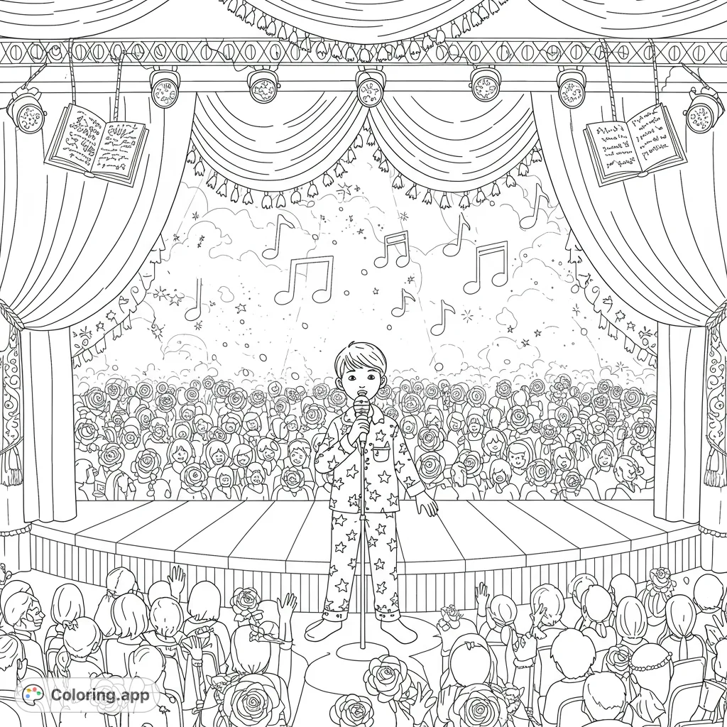 A young boy performs on stage under a spotlight, surrounded by an applauding audience, grand curtains, and floating music notes, symbolizing his dreams.