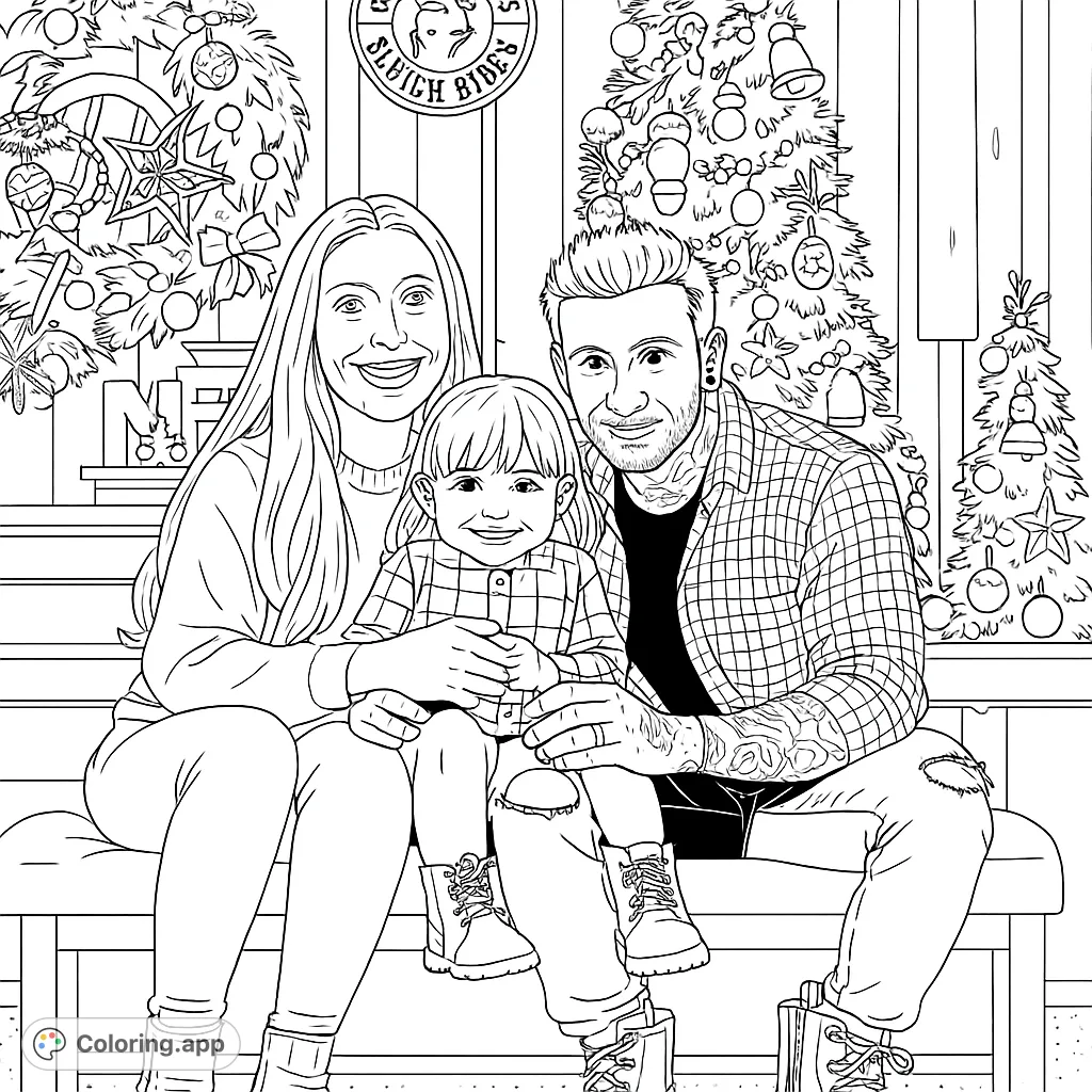 Capture the warmth of a family moment amidst festive decorations. This holiday-themed coloring page features a loving family portrait, perfect for all ages.