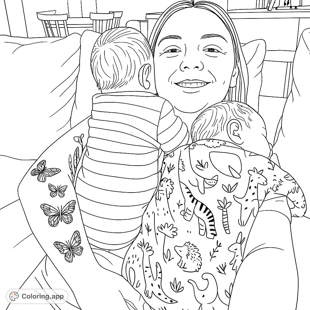 A heartwarming scene of a person embracing two infants on a cozy couch. Perfect for celebrating family bonds and the joy of new life.