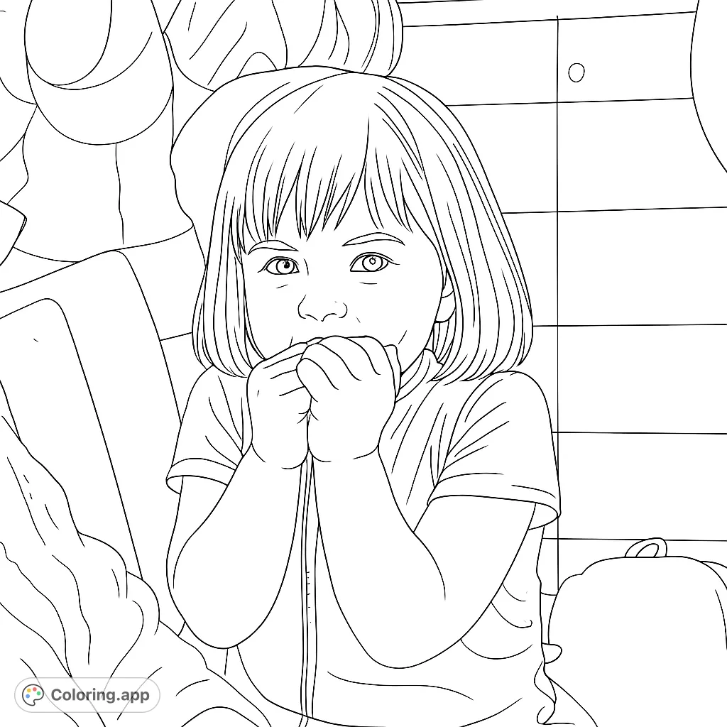 A charming child portrait coloring page featuring a young one with hands covering their mouth, perfect for creative expression and delightful coloring fun.