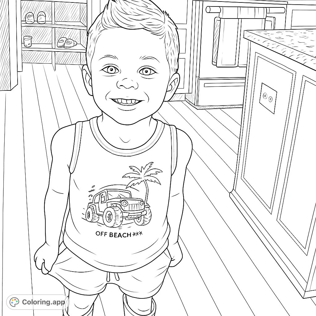 A cheerful boy in a tank top with a monster truck graphic and boots, ready for adventure. A fun and engaging coloring page for kids.