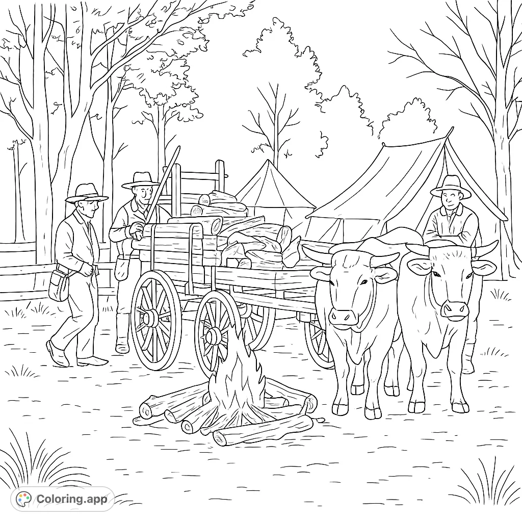 Explore a detailed frontier scene with pioneers, oxen, a loaded wagon, and a warm campfire in a forest clearing. Perfect for history enthusiasts.