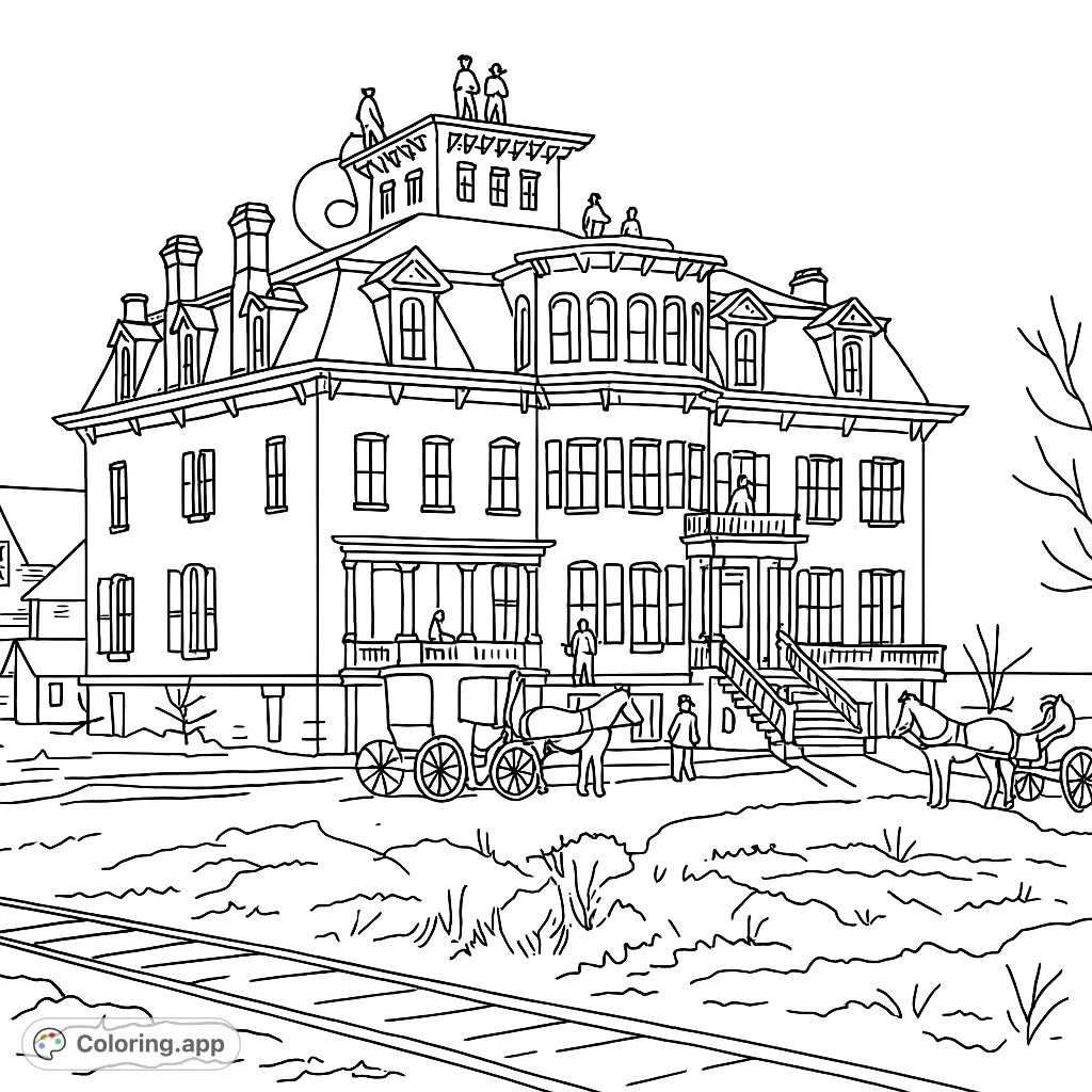 Step back in time with this grand Victorian mansion coloring page, featuring intricate architecture, horse-drawn carriages, and lively figures.