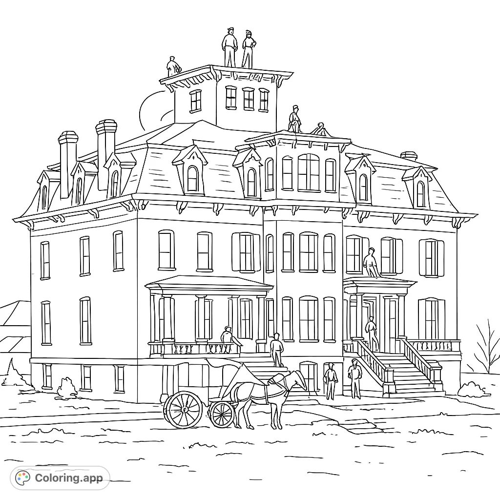 Step back in time with this historic grand hotel, featuring intricate architecture, a horse-drawn carriage, and figures from a bygone era.