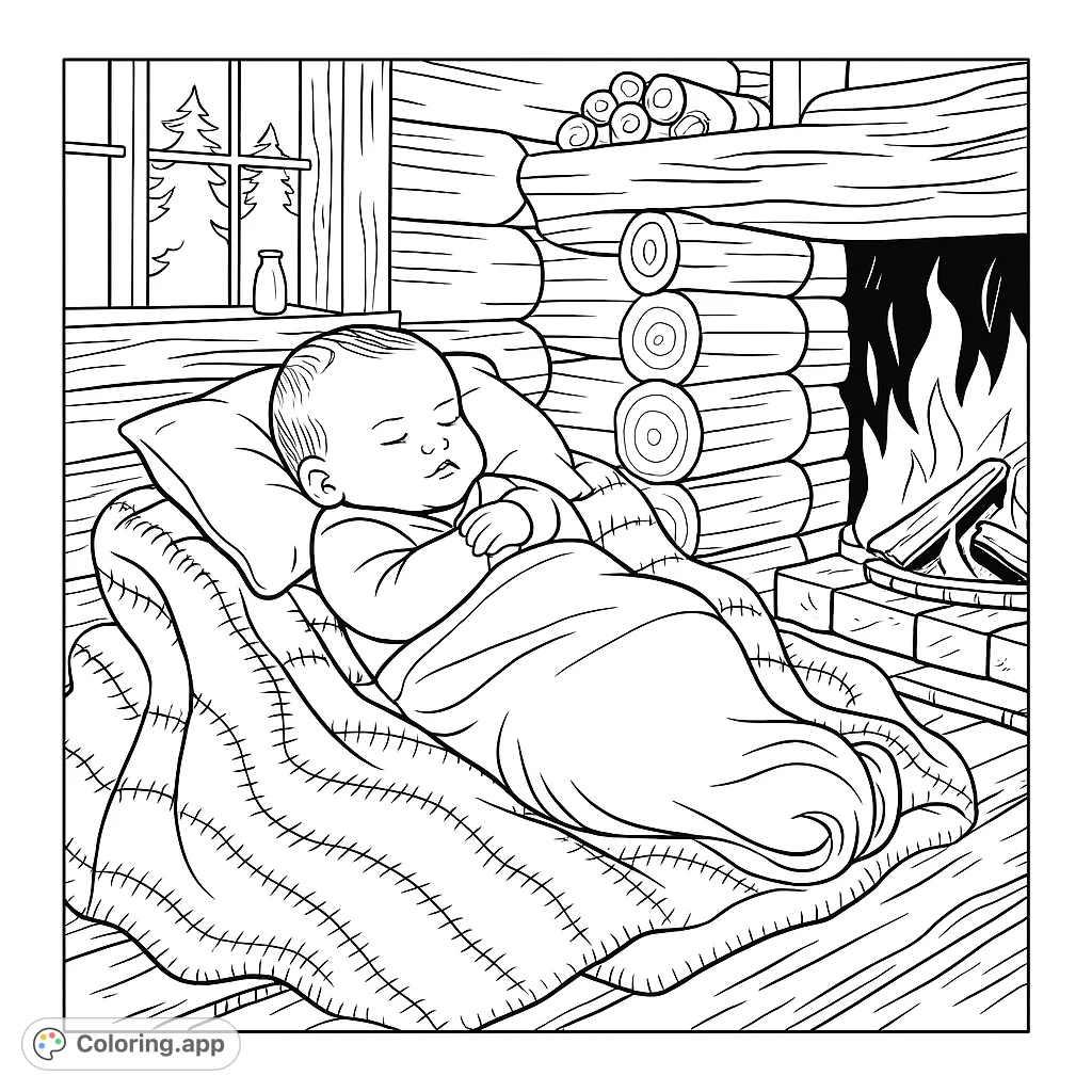A peaceful baby sleeps soundly by a warm fireplace in a cozy log cabin, perfect for a comforting coloring experience.