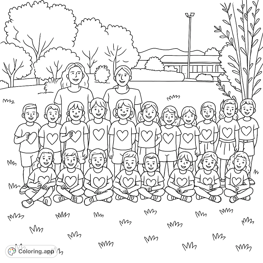 A joyful group of children and adults gathered outdoors, perfect for a fun and engaging community coloring page activity.