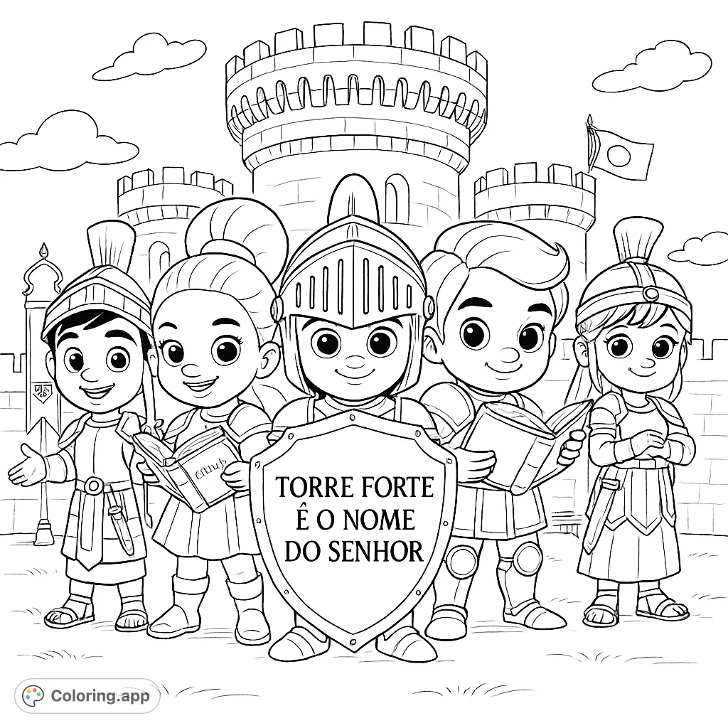Join brave young knights and warriors in front of a majestic castle. A fun medieval adventure coloring page for kids, featuring armored characters and a grand fortress.