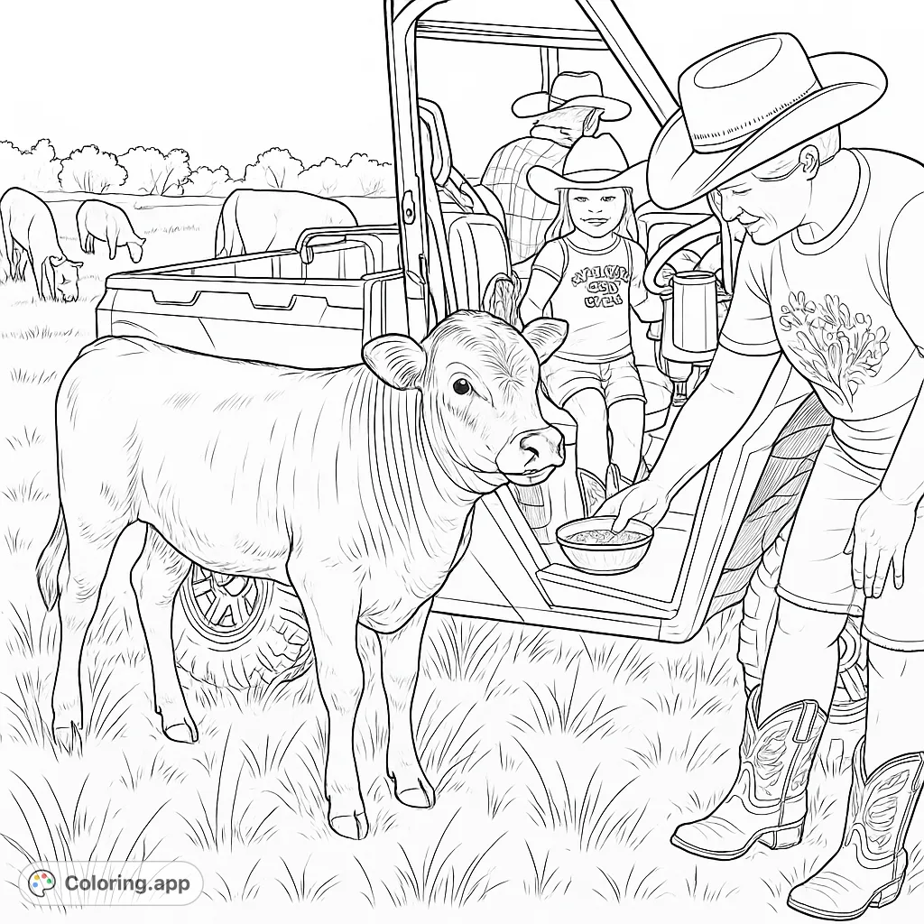 A heartwarming farm scene featuring a calf being fed by hand, with a child observing from a utility vehicle. Perfect for animal lovers.