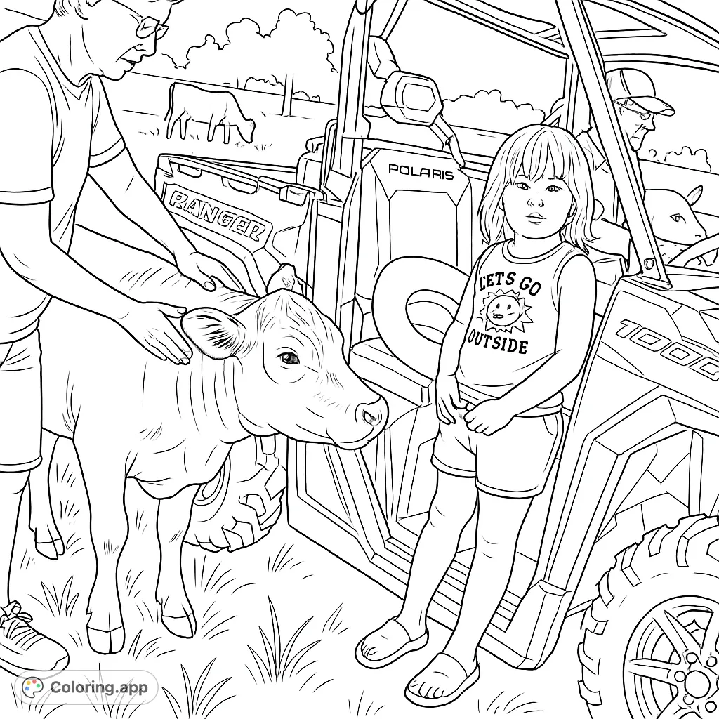 A heartwarming farm scene featuring a child, an adult, a calf, and a utility vehicle in a grassy field. Perfect for animal and farm enthusiasts.