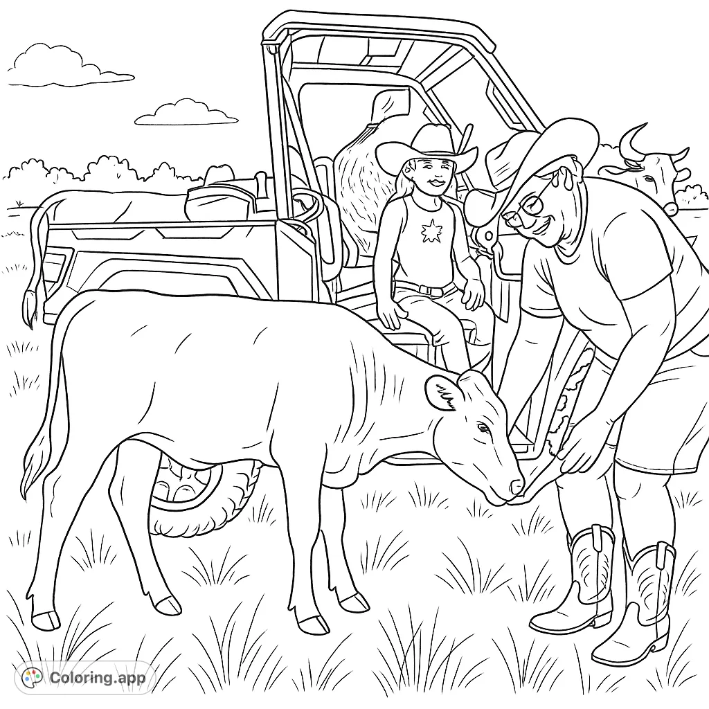 A heartwarming ranch scene featuring a person feeding a calf, with a child observing from a utility vehicle. Perfect for farm animal enthusiasts!