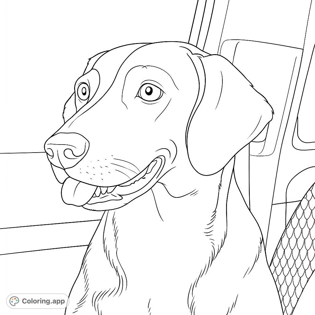 A charming dog enjoys a car ride, looking out the window with its tongue playfully peeking out. Perfect for animal lovers and a relaxing coloring experience.