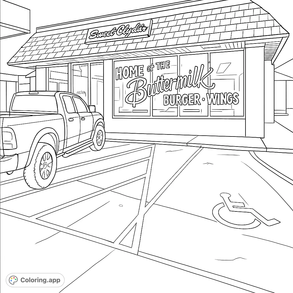 Explore a detailed commercial building with a parked truck, featuring intricate roof textures and window signage. A fun urban scene to color!