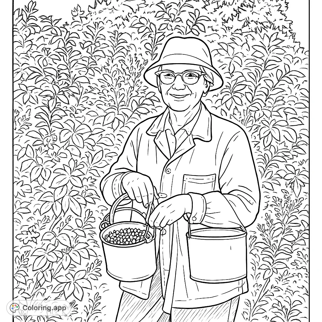 Enjoy a delightful berry picking adventure! This free printable berry picking coloring page features a person with buckets of berries amidst lush bushes.