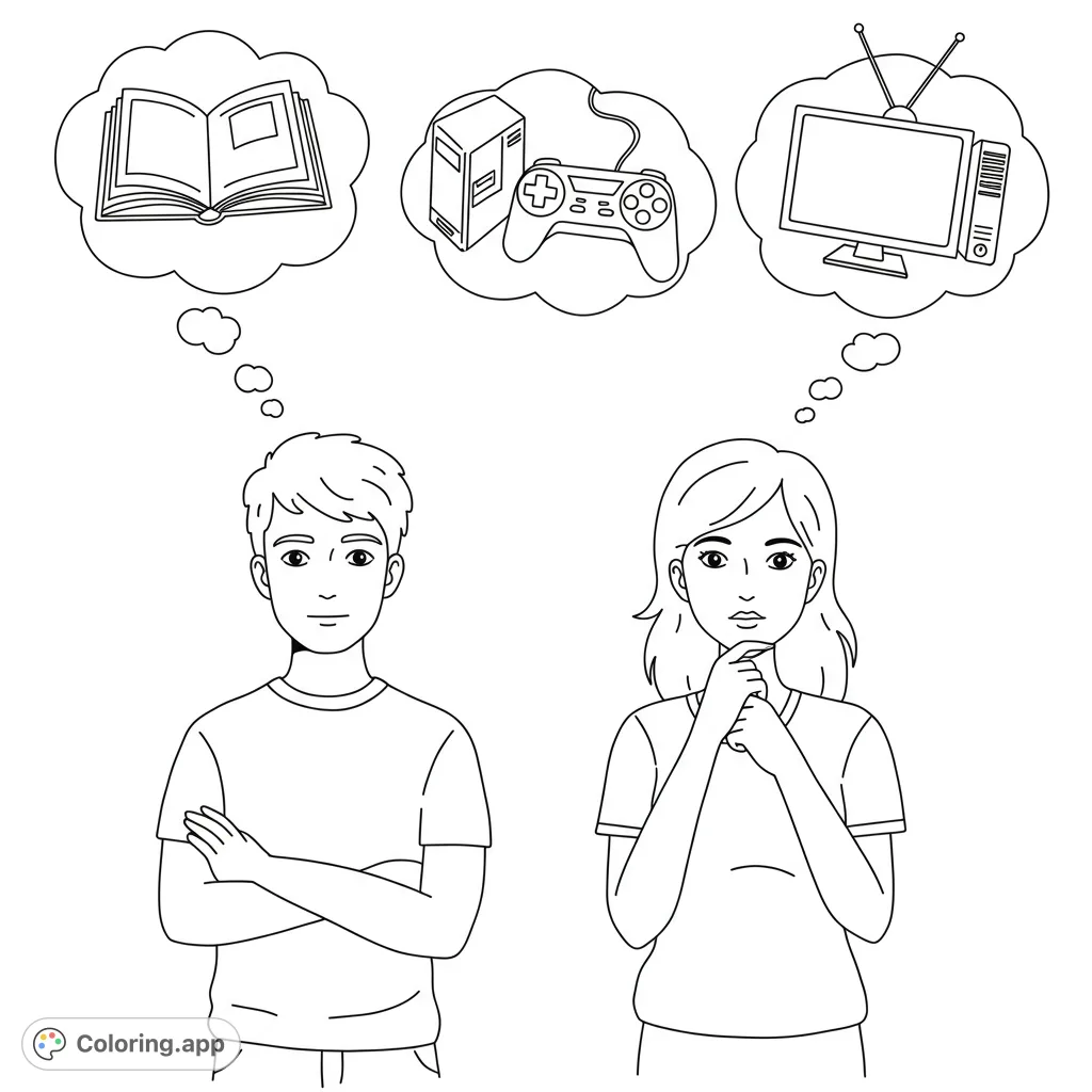 Explore a unique coloring page featuring a man and woman with thought bubbles containing a book, computer, game controller, and TV. Perfect for reflection.
