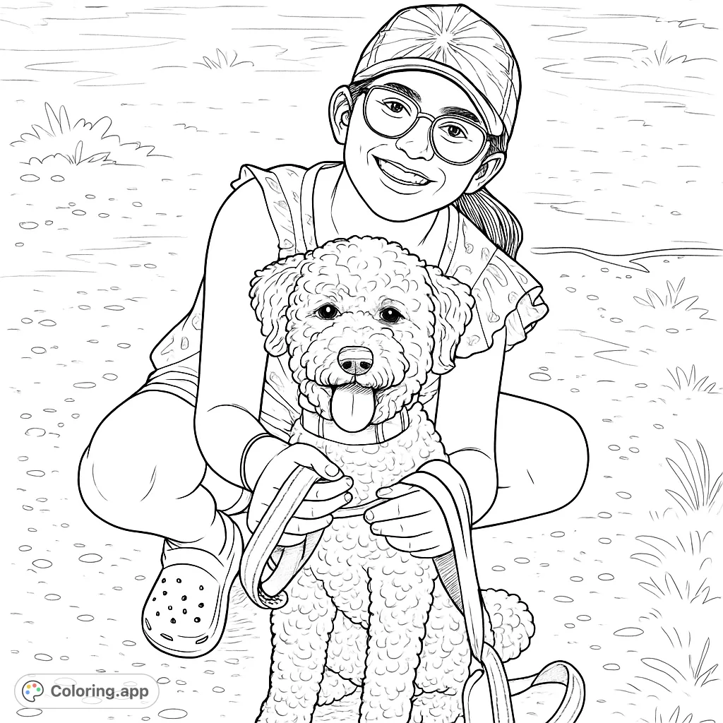 A cheerful girl and her curly-haired dog pose together, ready for adventure. A heartwarming scene for animal lovers.