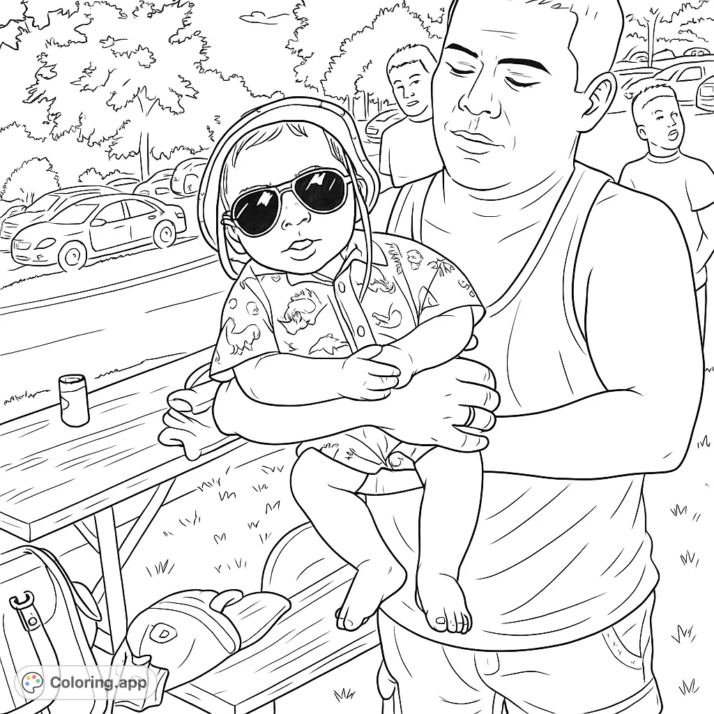 A heartwarming scene of a man holding a baby in sunglasses and a sun hat, enjoying an outdoor day. Perfect for family-themed coloring.