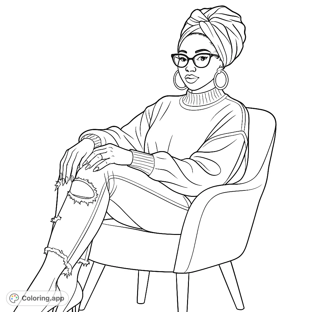 A chic woman in a stylish head wrap, glasses, and ripped jeans relaxes in a modern chair. Perfect for fashion enthusiasts and creative expression.