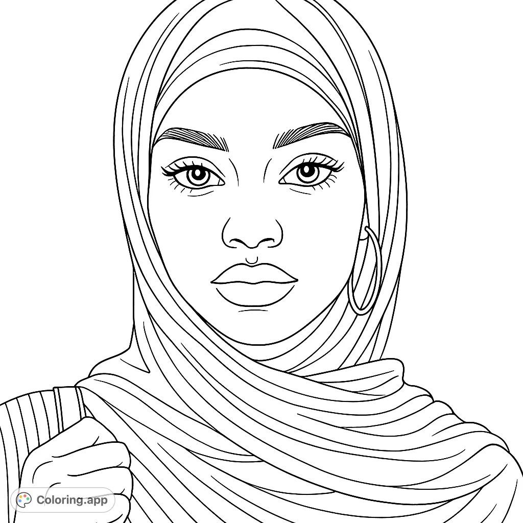 A striking portrait of a woman in a beautifully draped hijab, featuring intricate details and expressive features for a captivating coloring experience.