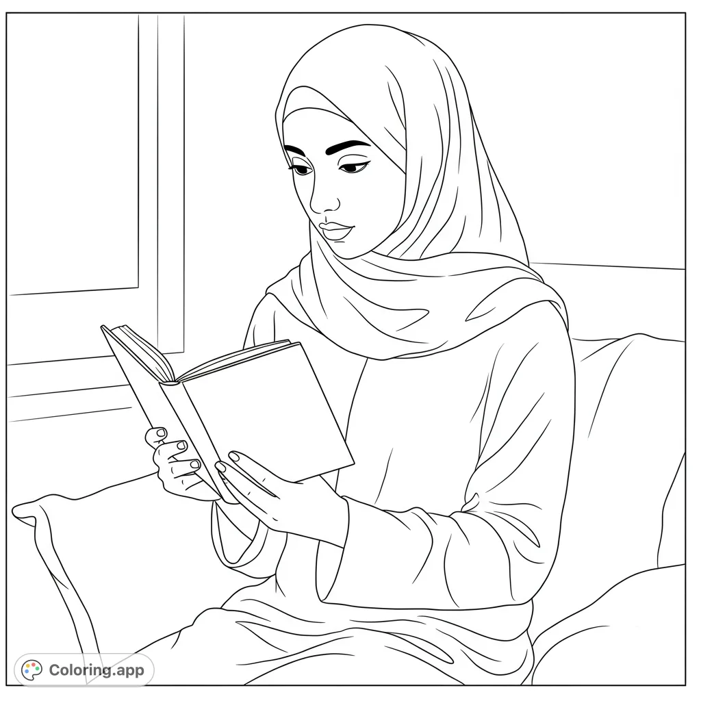 A serene woman in a hijab reads a bible, offering a peaceful scene for reflection and mindful coloring. Perfect for quiet moments.