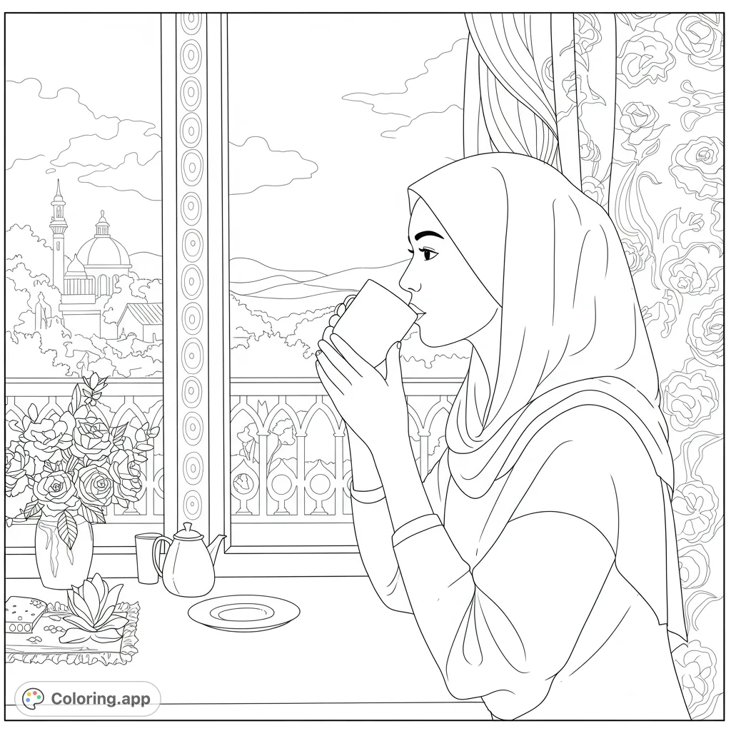 A serene woman in a head covering sips coffee by a window, gazing at the peaceful outdoor scene. A calming and reflective coloring page.