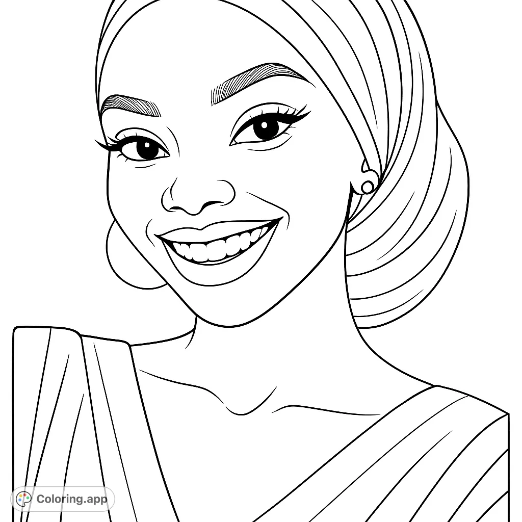 An elegant portrait of a smiling woman with a beautiful headwrap and graceful garment. Perfect for practicing shading and bringing a vibrant character to life.