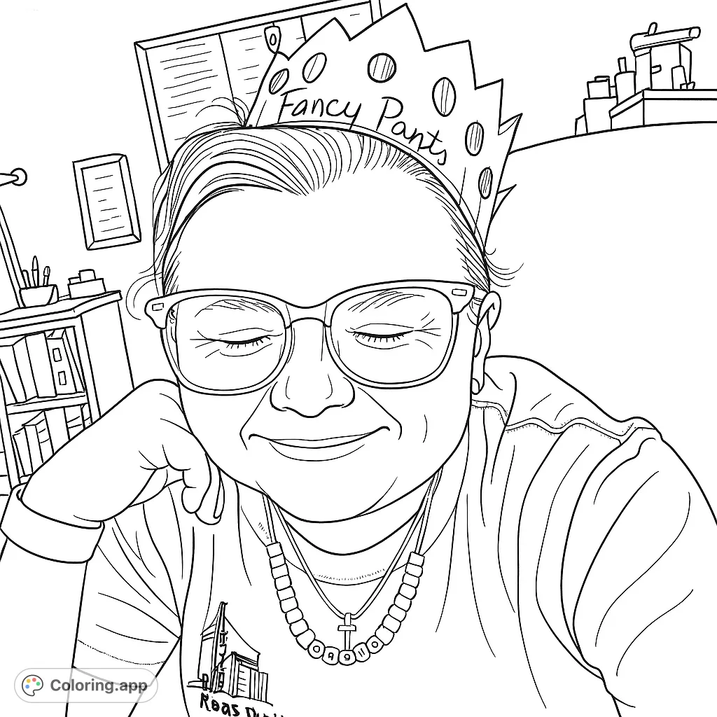 A cheerful person wearing a fun paper crown and glasses, ready for a creative coloring adventure. Perfect for all ages to enjoy!