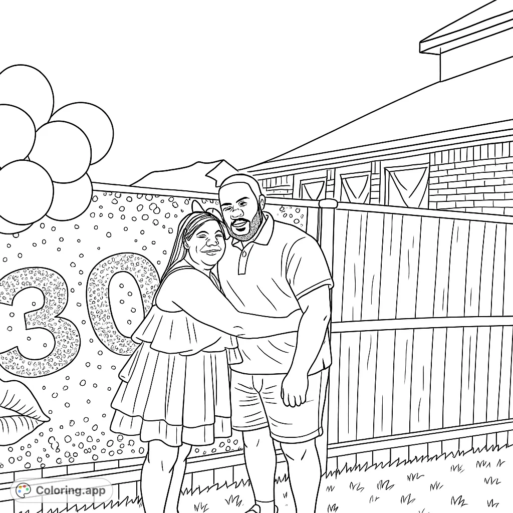 A heartwarming celebration scene featuring a couple embracing, with balloons and a milestone banner. Perfect for personalizing.