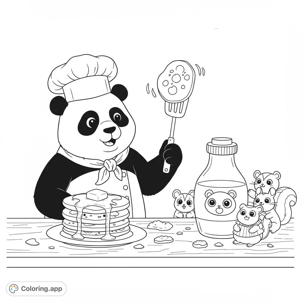 A delightful panda chef flips pancakes with happy syrup faces and melting butter smiles, while tiny animals peek from behind a syrup bottle.