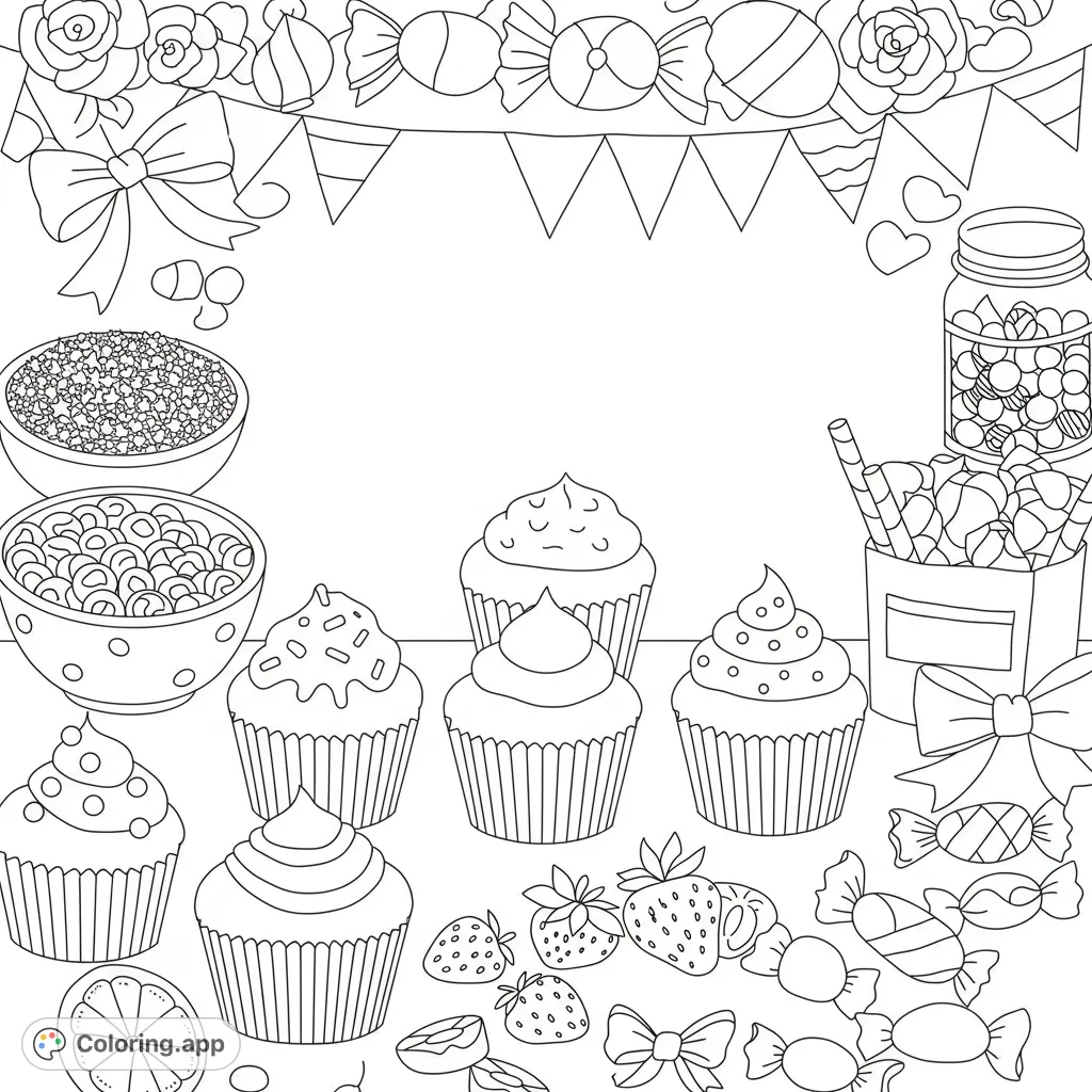 A delightful cupcake decorating station featuring blank cupcakes and an assortment of toppings like sprinkles, strawberry slices, and whipped cream, ready for your creative touch.