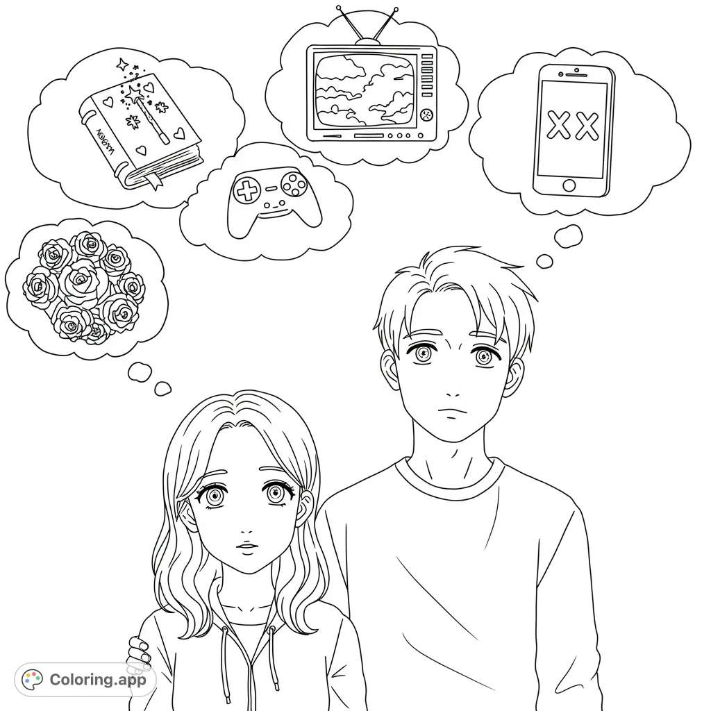An anime-inspired couple lost in thought, surrounded by bubbles depicting a book, TV, game controller, and a smartphone. A unique adult coloring page.