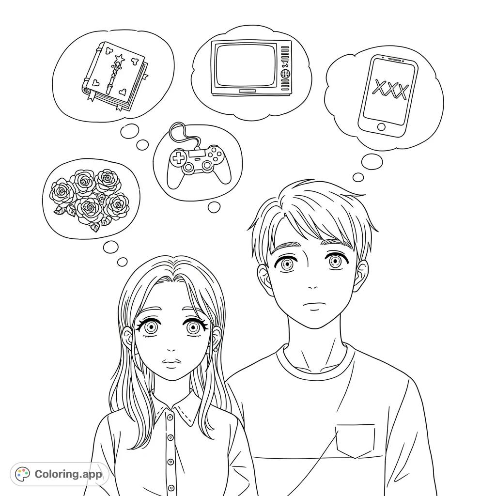 An anime-inspired couple lost in thought, surrounded by bubbles depicting a book, TV, game controller, and a smartphone. A unique adult coloring page.