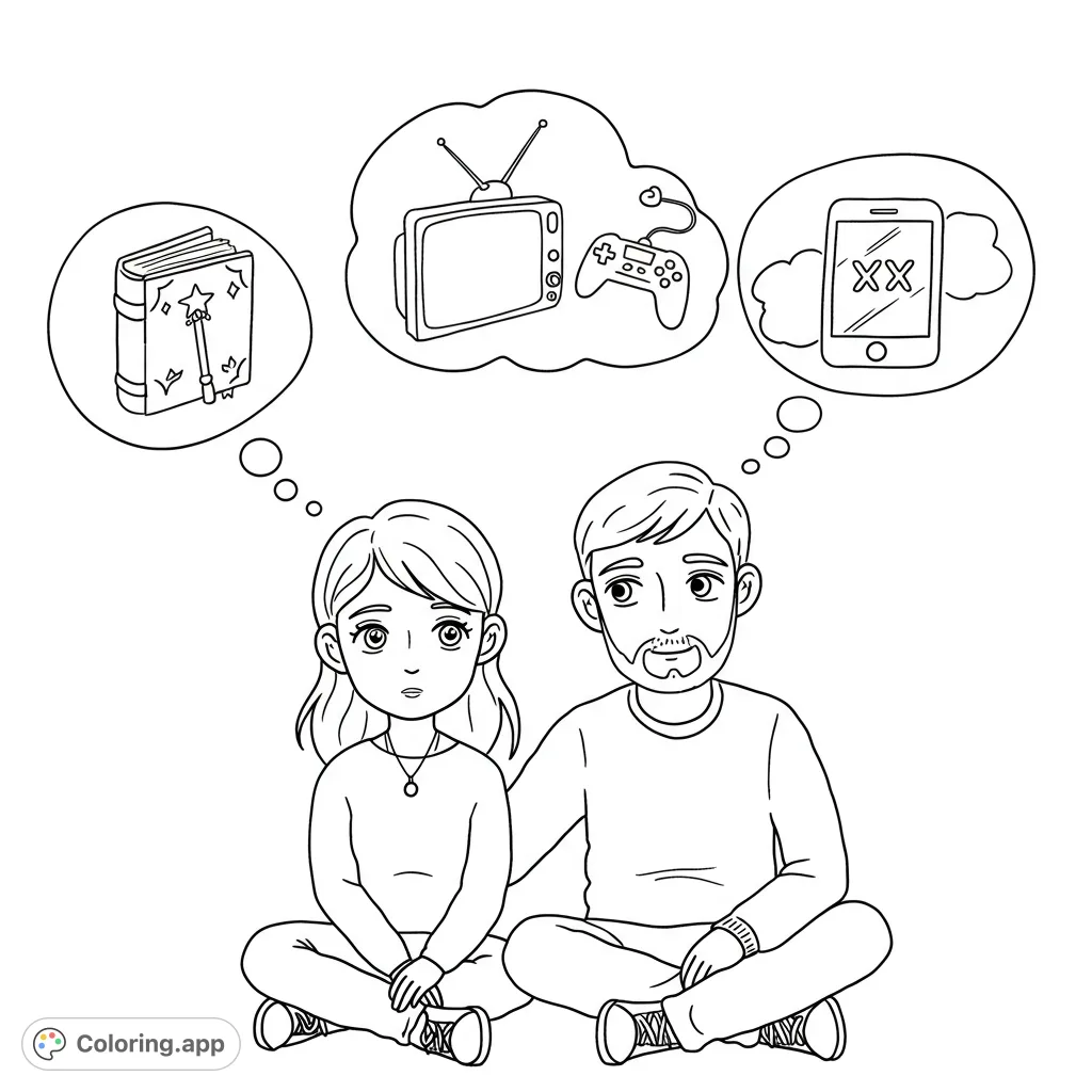 Explore a unique thinking couple coloring page featuring a husband and wife with thought bubbles revealing a book, TV, controller, and a smartphone.