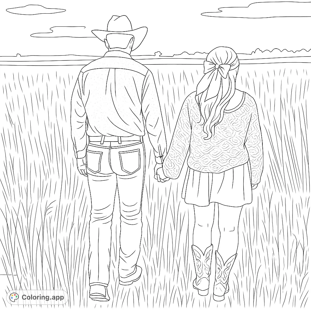 A heartwarming scene of a couple walking hand-in-hand through a vast field, perfect for a relaxing country-themed coloring experience.