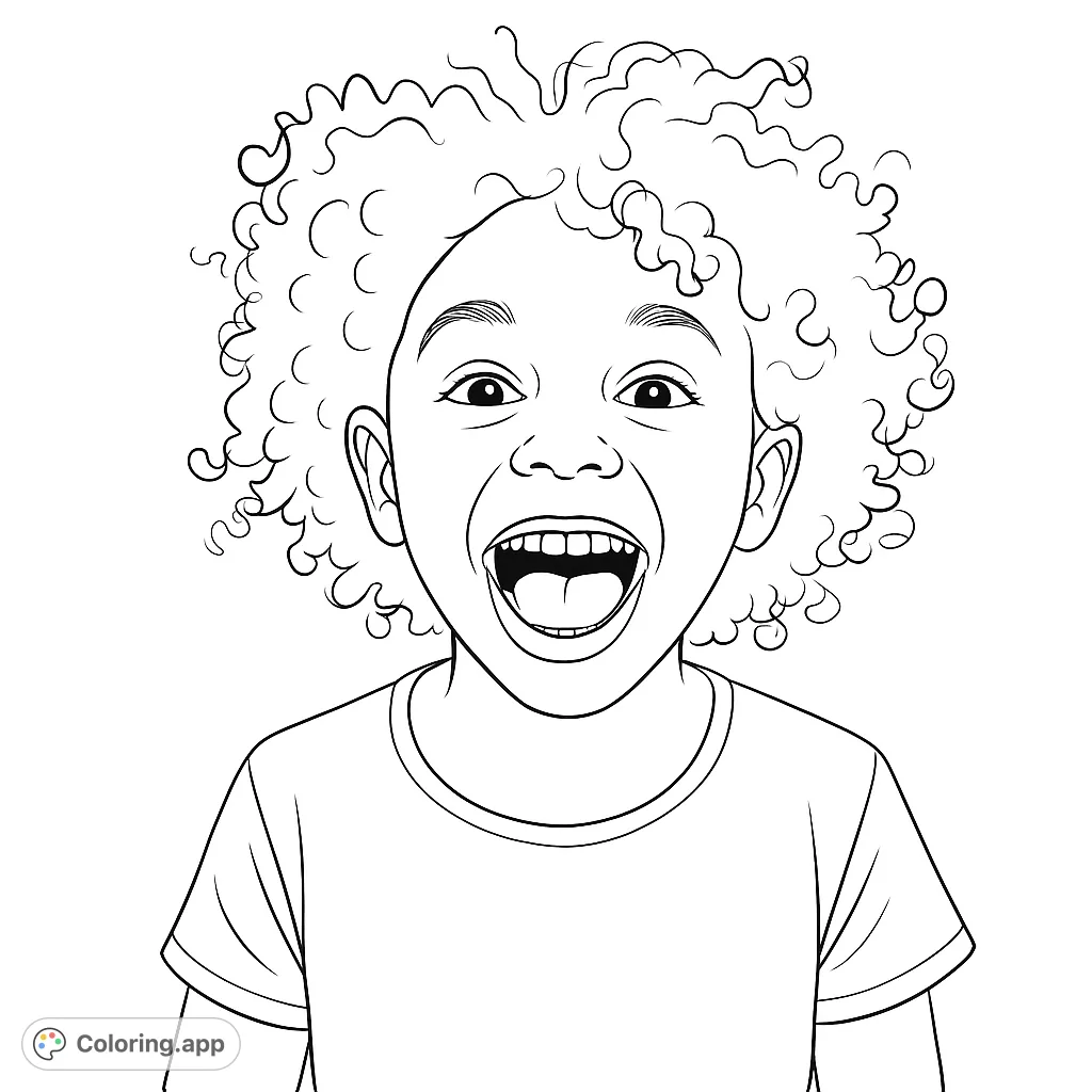Capture pure joy with this happy child coloring page! Features a laughing child with expressive eyes and voluminous curly hair, perfect for creative fun.