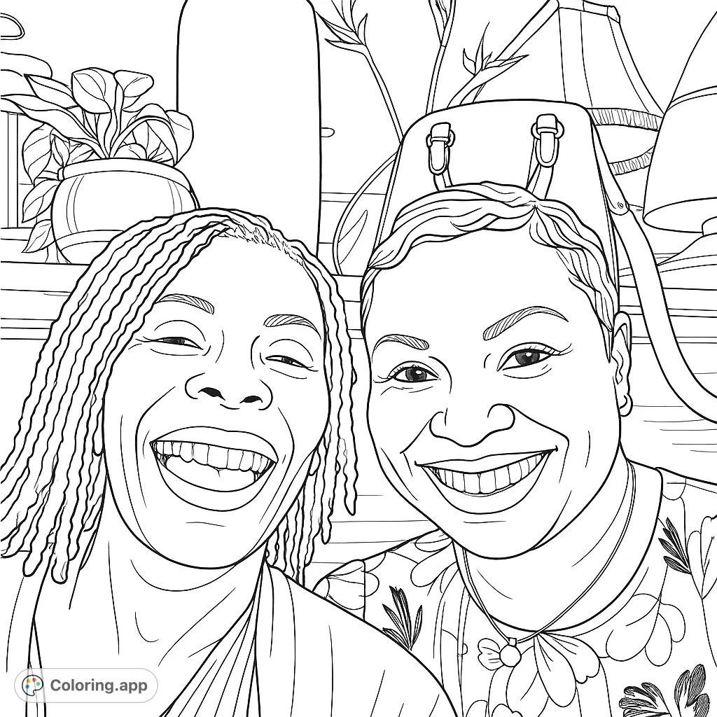 Capture the warmth of friendship with this free printable coloring page featuring two smiling women. Perfect for expressing joy and connection.