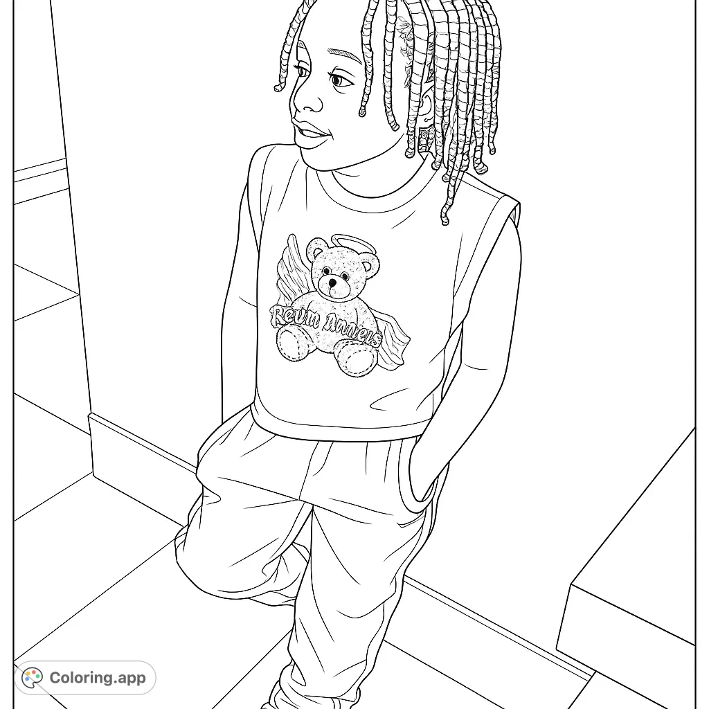A cool kid with braided hair and a teddy bear shirt, perfect for a fun and stylish coloring page. Great for all ages!