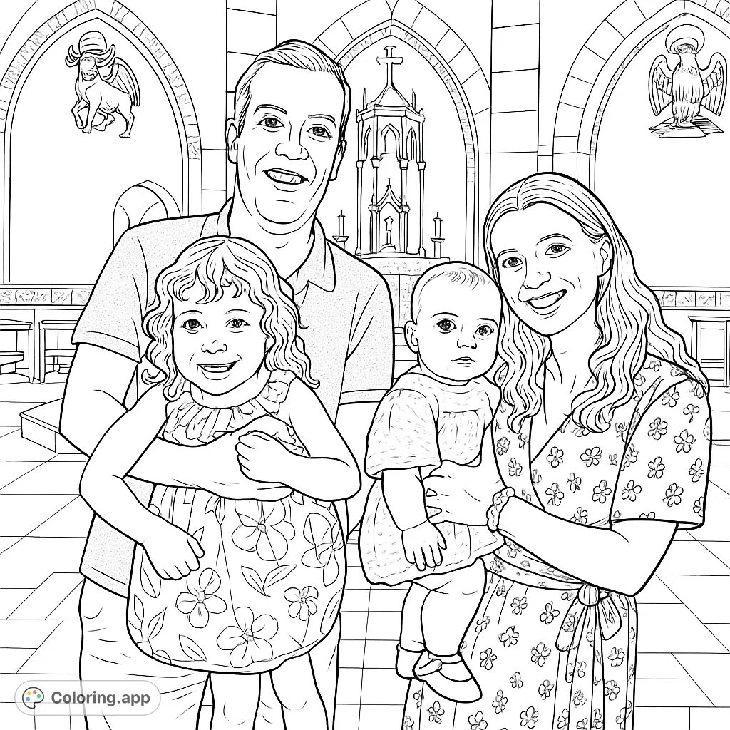 A heartwarming family portrait in a grand church setting, perfect for a meaningful and detailed coloring experience. Capture special moments.