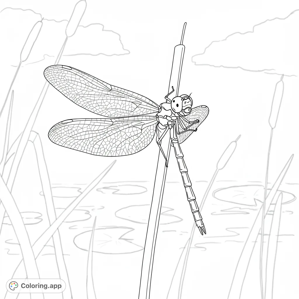 A detailed dragonfly perched gracefully on a slender reed, perfect for nature lovers to color and relax. Explore intricate wing patterns and natural textures.