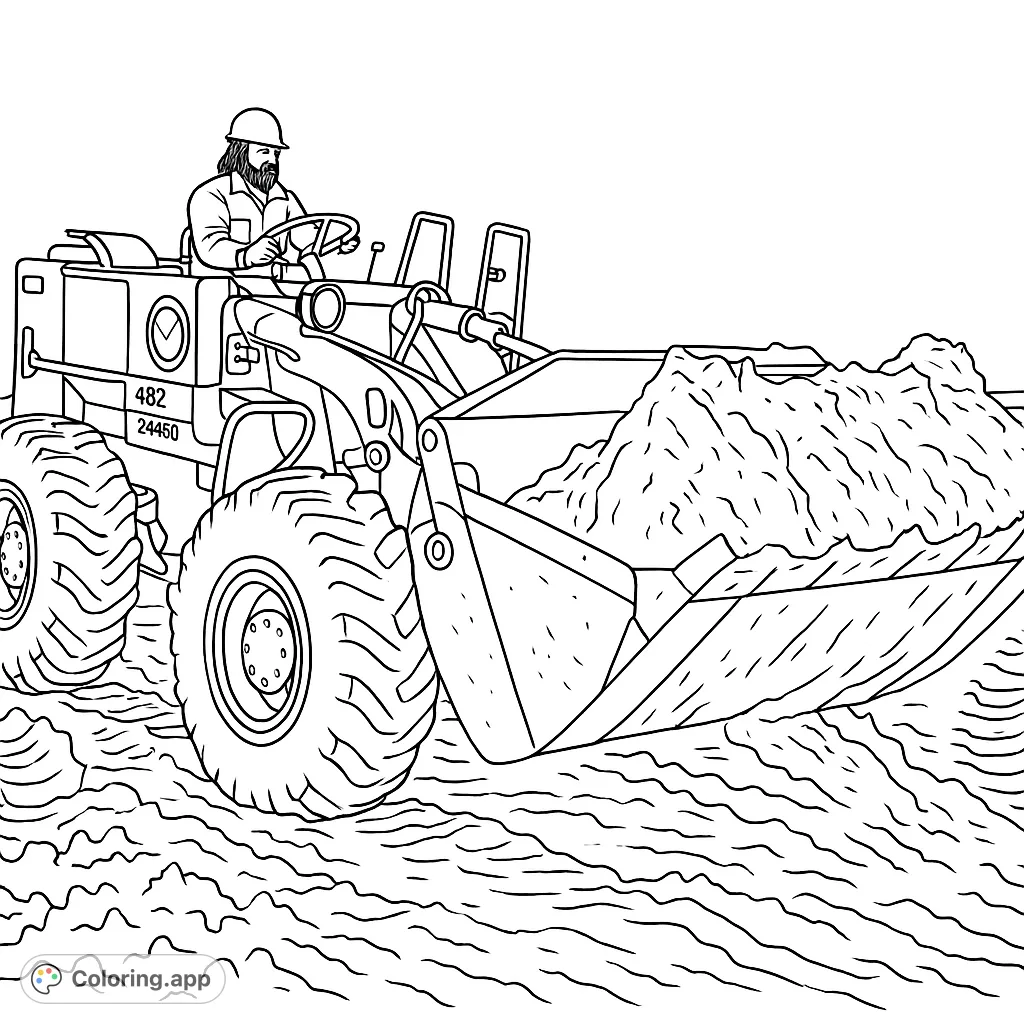 Color a powerful front-end loader with a full bucket of earth, driven by an operator on a construction site. Perfect for vehicle enthusiasts!