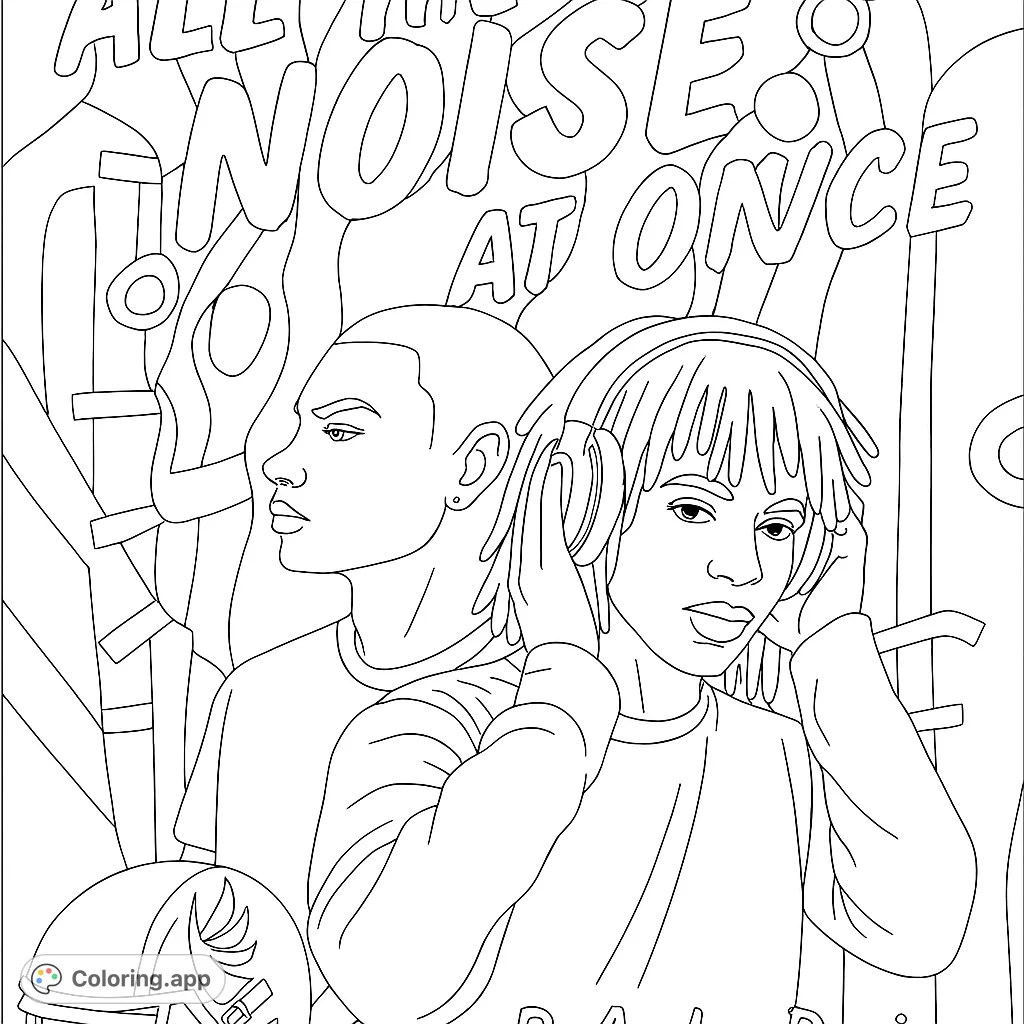 Color a dynamic scene featuring two young individuals, one with headphones and another with a football helmet, set against an abstract background.