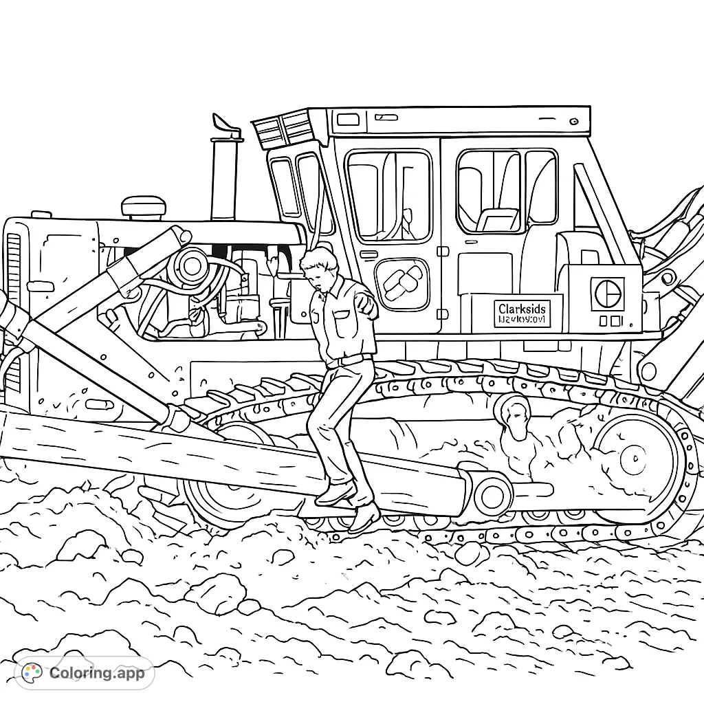 Explore a detailed construction site with a powerful bulldozer and a worker, perfect for heavy machinery enthusiasts. Free printable coloring page.
