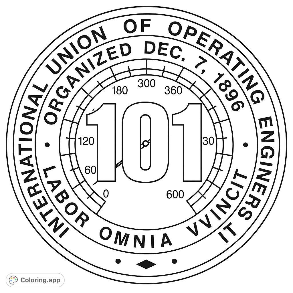 An intricate union emblem coloring page, featuring detailed text, a central number, and a gauge design within concentric circles.