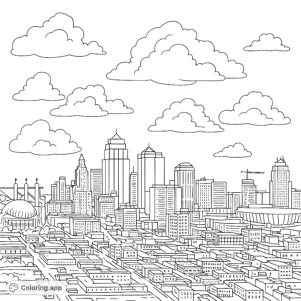 Explore a detailed city skyline with towering buildings and dynamic cloud formations, perfect for urban landscape enthusiasts and architecture lovers.