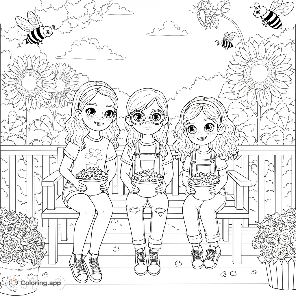 Three sisters share popcorn on a charming porch swing, surrounded by cheerful sunflowers and playful bees. A delightful scene for kids to color!